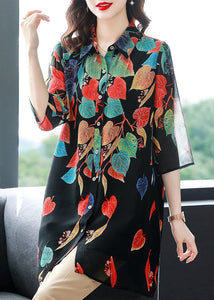 Style Black Button Print Patchwork Chiffon Shirt Tops Summer