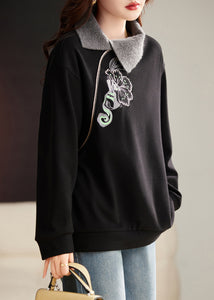 Style Black Embroidered Warm Fleece Tops Spring