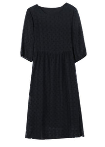 Style Black O Neck Jacquard Chiffon Long Dresses Lantern Sleeve