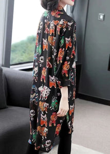 Style Black Peter Pan Collar Animal Print Patchwork Chiffon Shirts Summer