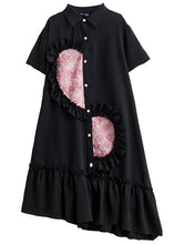 Load image into Gallery viewer, Style Black Ruffled Patchwork Cotton Shirt Dresses Summer