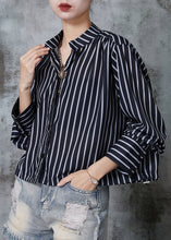 Load image into Gallery viewer, Style Black Striped Drawstring Cotton Shirt Top Summer