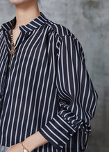 Load image into Gallery viewer, Style Black Striped Drawstring Cotton Shirt Top Summer