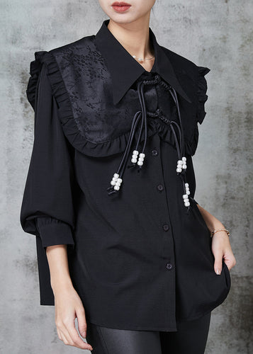 Style Black Tasseled Chinese Button Cotton Shirt Spring