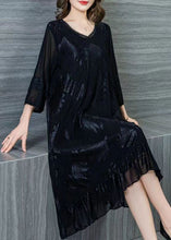 Load image into Gallery viewer, Style Black V Neck Wrinkled Lace Patchwork Silk Dresses Summer