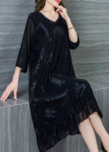 Load image into Gallery viewer, Style Black V Neck Wrinkled Lace Patchwork Silk Dresses Summer