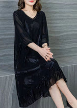 Load image into Gallery viewer, Style Black V Neck Wrinkled Lace Patchwork Silk Dresses Summer