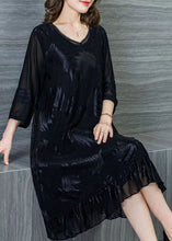 Load image into Gallery viewer, Style Black V Neck Wrinkled Lace Patchwork Silk Dresses Summer