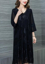 Load image into Gallery viewer, Style Black V Neck Wrinkled Lace Patchwork Silk Dresses Summer