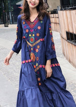 Load image into Gallery viewer, Style Blue Embroidered Exra Large Hem Cotton Dress Summer