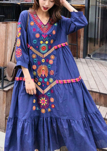 Style Blue Embroidered Exra Large Hem Cotton Dress Summer