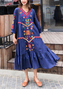 Style Blue Embroidered Exra Large Hem Cotton Dress Summer