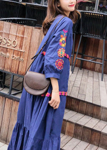 Style Blue Embroidered Exra Large Hem Cotton Dress Summer