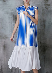 Style Blue Striped Patchwork Cotton Dress Sleeveless