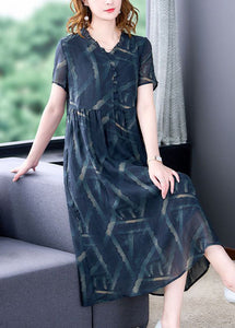 Style Blue V Neck Patchwork Print Silk Dresses Summer