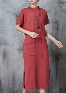 Style Brick Red Side Open Silm Fit Knit Dress Summer