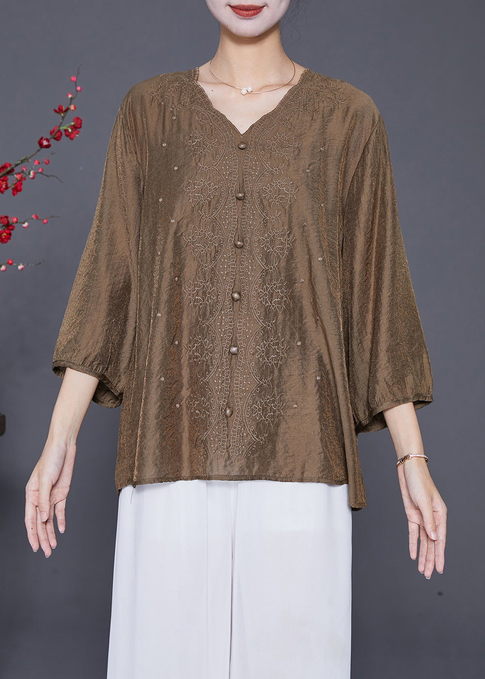 Style Chocolate V Neck Embroidered Silk Tops Bracelet Sleeve