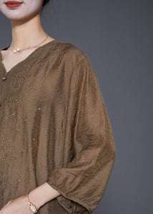 Style Chocolate V Neck Embroidered Silk Tops Bracelet Sleeve