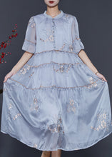 Load image into Gallery viewer, Style Grey Ruffled Embroidered Silk Long Dresses Summer