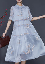 Load image into Gallery viewer, Style Grey Ruffled Embroidered Silk Long Dresses Summer