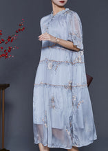 Load image into Gallery viewer, Style Grey Ruffled Embroidered Silk Long Dresses Summer