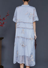 Load image into Gallery viewer, Style Grey Ruffled Embroidered Silk Long Dresses Summer