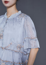 Load image into Gallery viewer, Style Grey Ruffled Embroidered Silk Long Dresses Summer