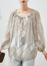 Load image into Gallery viewer, Style Khaki Print Drawstring Chiffon Shirt Top Spring