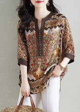 Load image into Gallery viewer, Style Khaki V Neck Print Patchwork Chiffon Shirt Tops Summer