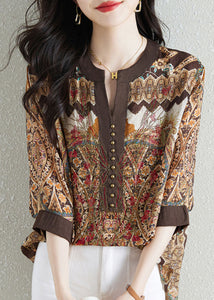 Style Khaki V Neck Print Patchwork Chiffon Shirt Tops Summer