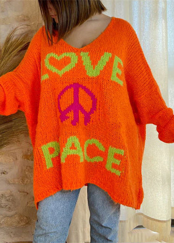 Style Orange Print Cozy Knit Sweaters Batwing Sleeve