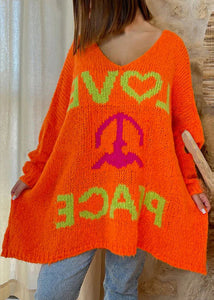 Style Orange Print Cozy Knit Sweaters Batwing Sleeve