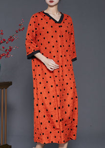 Style Orange V Neck Print Linen Maxi Dresses Summer