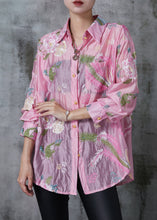 Load image into Gallery viewer, Style Pink Embroidered Linen Silk UPF 50+ Top Summer