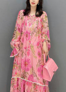 Style Pink Print Patchwork Chiffon Dress Long Sleeve