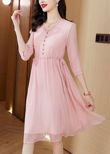 Style Pink V Neck Drawstring Chiffon Mid Dresses Summer