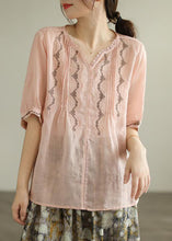 Load image into Gallery viewer, Style Pink V Neck Lace Patchwork Linen Top Summer