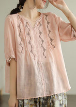 Load image into Gallery viewer, Style Pink V Neck Lace Patchwork Linen Top Summer