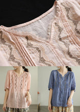 Load image into Gallery viewer, Style Pink V Neck Lace Patchwork Linen Top Summer