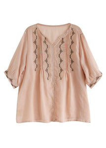 Style Pink V Neck Lace Patchwork Linen Top Summer