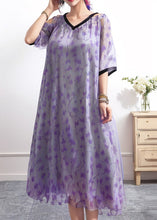 Load image into Gallery viewer, Style Purple V Neck Print Loose Silk Dress Summer