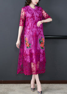 Style Rose Embroidered Floral Tulle Long Dresses Short Sleeve