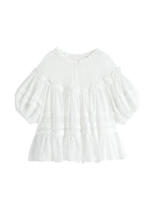 Style White Lace Ruffled Patchwork Cotton Blouses Lantern Sleeve