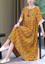 Load image into Gallery viewer, Style Yellow O-Neck Print Wrinkled Long Dress Summer