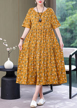 Load image into Gallery viewer, Style Yellow O-Neck Print Wrinkled Long Dress Summer