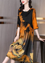 Load image into Gallery viewer, Style Yellow O Neck Wrinkled Patchwork Print Silk Dress Summer