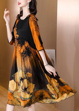 Load image into Gallery viewer, Style Yellow O Neck Wrinkled Patchwork Print Silk Dress Summer