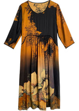 Load image into Gallery viewer, Style Yellow O Neck Wrinkled Patchwork Print Silk Dress Summer