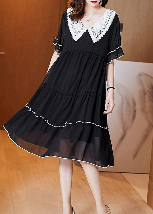 Stylish Black Peter Pan Collar Patchwork Wrinkled Chiffon Dress Summer