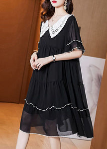 Stylish Black Peter Pan Collar Patchwork Wrinkled Chiffon Dress Summer